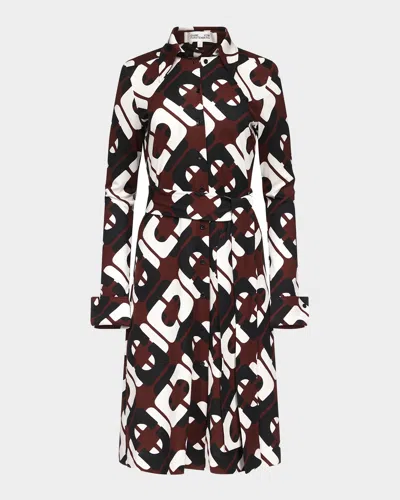 Diane Von Furstenberg Diane Belted Geometric-print Shirtdress In Giant Cane Link Brown