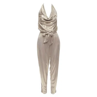 Pre-owned Diane Von Furstenberg Diane Von Fustenberg Carolette Liquid Metal Gold Halter Backless Jumpsuit S In Brown