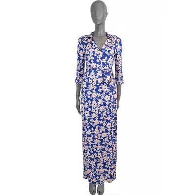 Pre-owned Diane Von Furstenberg Dvf Blue Silk Abigail Floral Maxi Wrap Dress 8 M