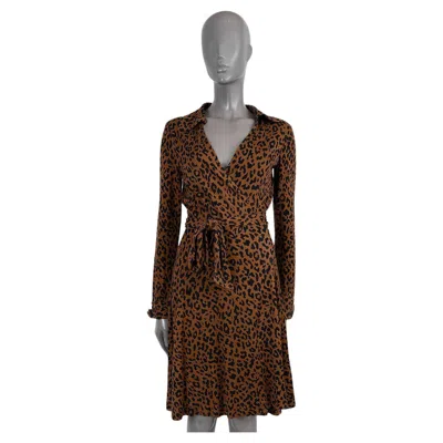 Pre-owned Diane Von Furstenberg Dvf Brown Silk Jeanne Leopard Wrap Dress 6 S