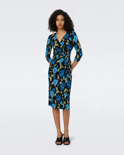 Diane Von Furstenberg Multicolor Floral Wrap Midi Dress With Elegant V-neckline In Blue