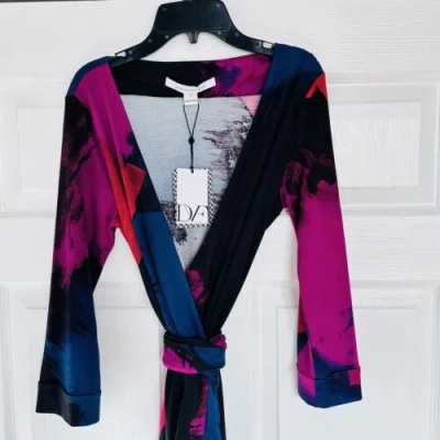 Pre-owned Diane Von Furstenberg Dvf Julian Wrap Dress Silk Jersey 3/4 Sleeve Print Multi Size 10 Sheath