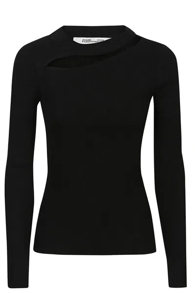 Diane Von Furstenberg Asymmetric Cutout Ribbed Knit Long Sleeve Top In Black