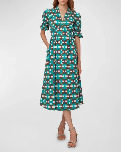 Diane Von Furstenberg Erica Geometric-print Puff-sleeve Midi Dress In Eden Check