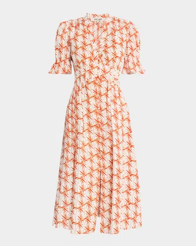 Diane Von Furstenberg Erica Puff-sleeve Poplin Midi Dress In Palm Geo Orange
