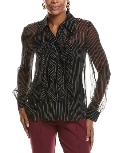 Diane Von Furstenberg Eva Sheer Pinstripe Script Ruffle Blouse In Black