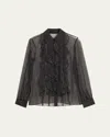 Diane Von Furstenberg Eva Sheer Pinstripe Script Ruffle Blouse In Black