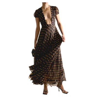 Pre-owned Diane Von Furstenberg Fall 14 Silk Plunging Gold Star Print Layered Dress Gown In Black