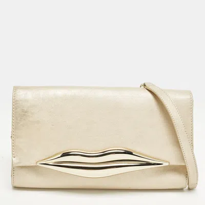Pre-owned Diane Von Furstenberg Flirty Lips Metallic Beige Leather Shoulder Bag In Sand