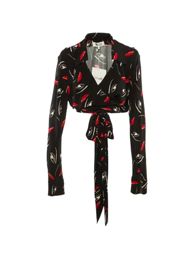 Pre-owned Diane Von Furstenberg Floating Face Print Wrap-around Top In Black