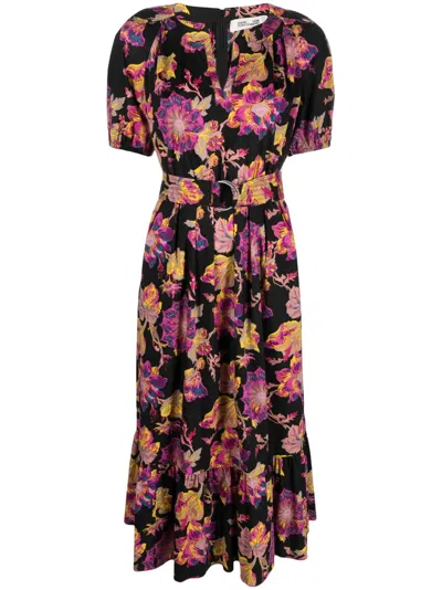 Diane Von Furstenberg Floral-print Belted-waist Dress In Black