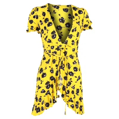 Diane Von Furstenberg Floral Print Mini Wrap Dress In Yellow Viscose