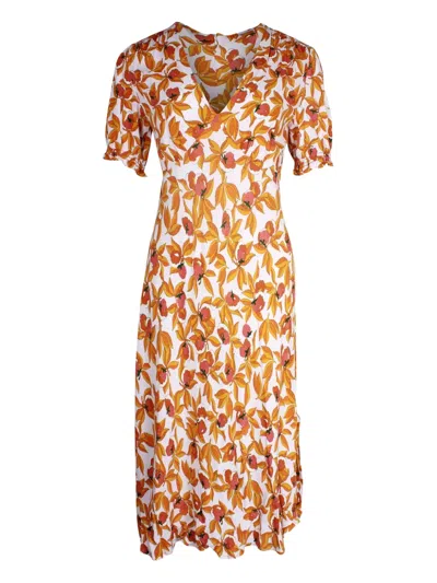 Pre-owned Diane Von Furstenberg Floral-print Puff-sleeve Midi Dress In Orange