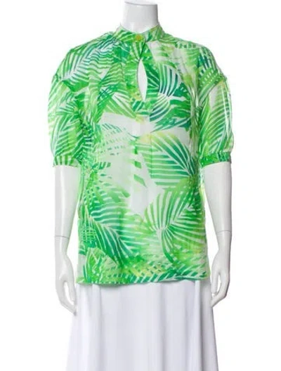 Pre-owned Diane Von Furstenberg Floral Print Short Sleeve Blouse In Green