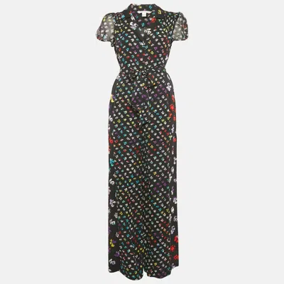 Pre-owned Diane Von Furstenberg Floral Print Silk Caterina Jumpsuit M In Black