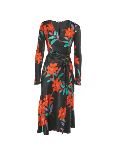 Pre-owned Diane Von Furstenberg Floral Print Silk Dress In Black