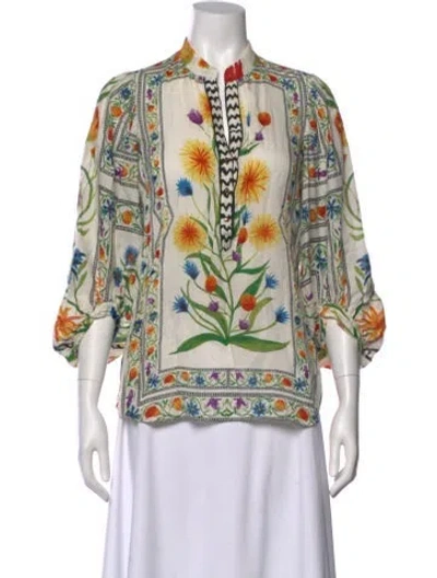 Pre-owned Diane Von Furstenberg Floral Print Three-quarter Sleeve Blouse In Neutral