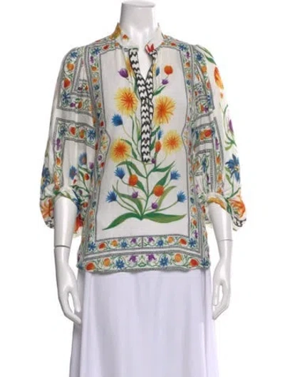 Pre-owned Diane Von Furstenberg Floral Print Three-quarter Sleeve Blouse In White