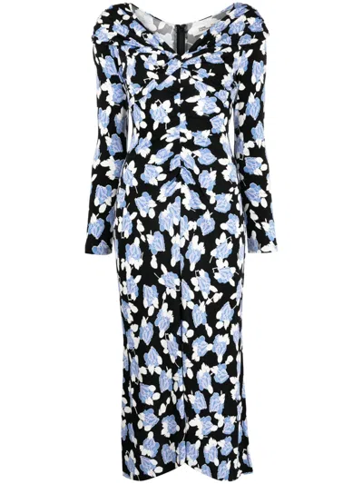 Diane Von Furstenberg Floral-print V-neck Dress In Black