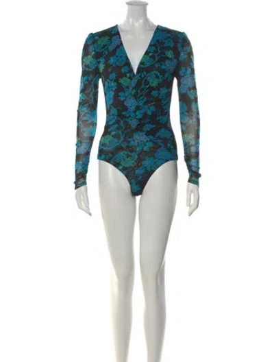 Pre-owned Diane Von Furstenberg Floral Print V-neck Bodysuit W/ Tags In Blue