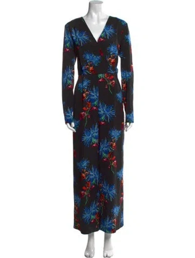 Pre-owned Diane Von Furstenberg Floral Print V-neck Jumpsuit In Black