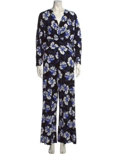 Pre-owned Diane Von Furstenberg Floral Print V-neck Jumpsuit In Black