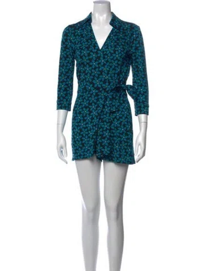 Pre-owned Diane Von Furstenberg Floral Print V-neck Romper In Blue