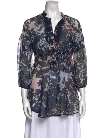 Pre-owned Diane Von Furstenberg Floral Print V-neck Tunic In Blue