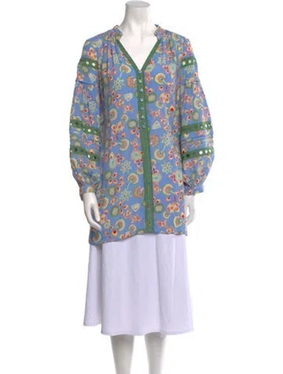 Pre-owned Diane Von Furstenberg Floral Print V-neck Tunic In Blue