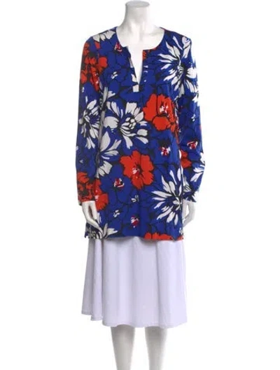 Pre-owned Diane Von Furstenberg Floral Print V-neck Tunic In Blue