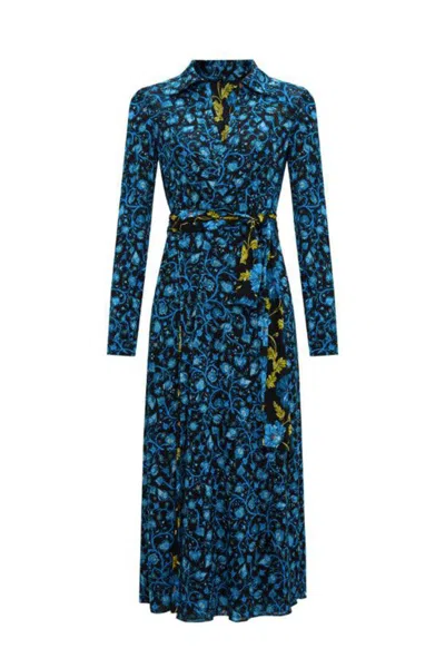 Diane Von Furstenberg Floral Print Wrap Dress With Long Sleeves In Blue