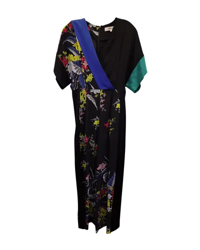 Diane Von Furstenberg Floral Short Sleeve Jumpsuit In Black Silk