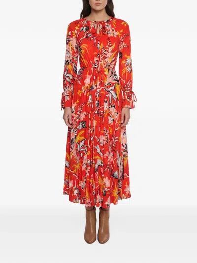 Pre-owned Diane Von Furstenberg Floral-print Long-sleeve Maxi Dress In Red