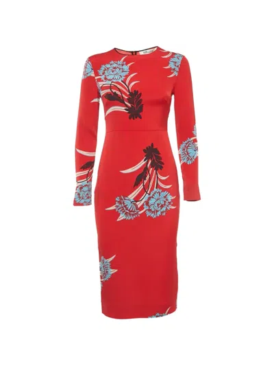 Pre-owned Diane Von Furstenberg Floral-print Long-sleeved Midi Dress In Red
