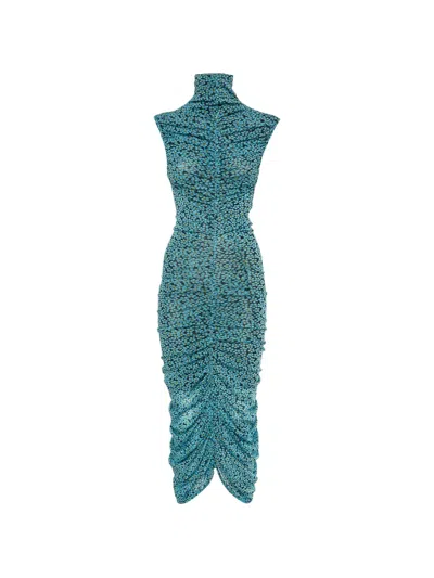 Pre-owned Diane Von Furstenberg Floral-print Ruched Dress In Blue