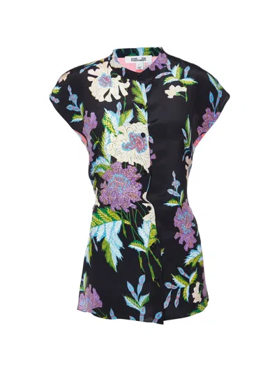 Pre-owned Diane Von Furstenberg Floral-print Silk Blouse In Black