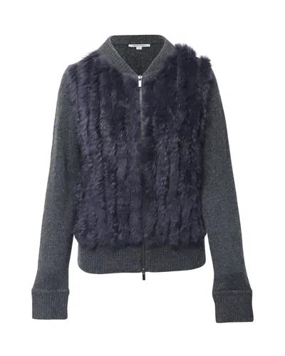 Pre-owned Diane Von Furstenberg Fur Trimmed Long Sleeve Cardigan In Black Wool In Blue