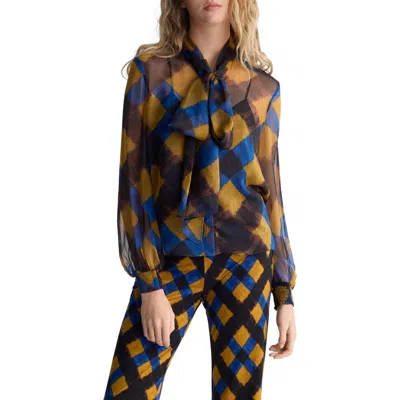 Diane Von Furstenberg Garcele Silk Tie Neck Top In Buffalo Plaid Mid Caraway