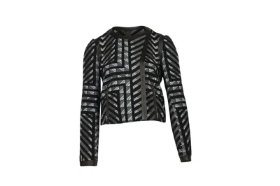 Diane Von Furstenberg Geometic Pattern Leather Trim Jacket In Black Wool