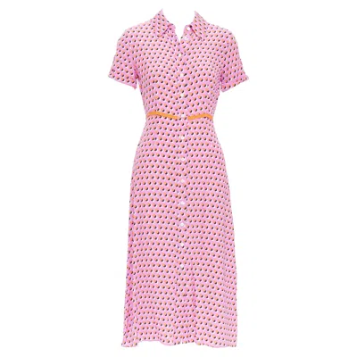 Pre-owned Diane Von Furstenberg Georgia Pink Polka Dot Crepe De Chine Midi Shirt Dress Us0