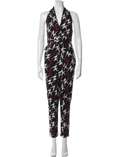 Pre-owned Diane Von Furstenberg Graphic Print Halterneck Jumpsuit In Black