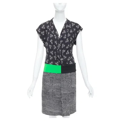 Pre-owned Diane Von Furstenberg Green Black Multi Print Silk Blend Wrap Dress Us2 S