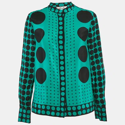 Pre-owned Diane Von Furstenberg Green Dots Print Silk Shirt M