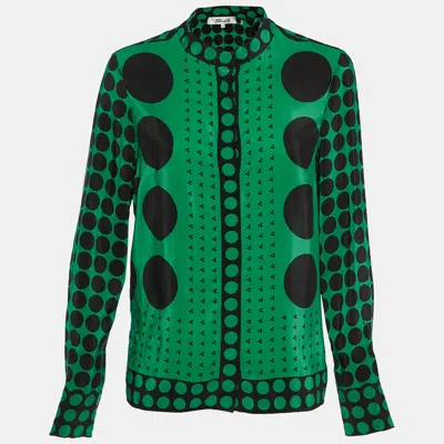 Pre-owned Diane Von Furstenberg Green Polka Dot Silk Button Front Shirt L