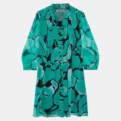 Pre-owned Diane Von Furstenberg Green Printed Silk Mini Dress S