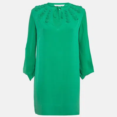 Pre-owned Diane Von Furstenberg Green Silk Long Sleeve Mini Dress S