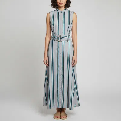 Pre-owned Diane Von Furstenberg Grey Striped Poplin Belted Maxi Dress M