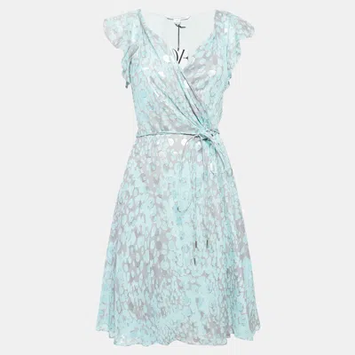 Pre-owned Diane Von Furstenberg Grey/blue Printed Silk Delancey Wrap Dress S