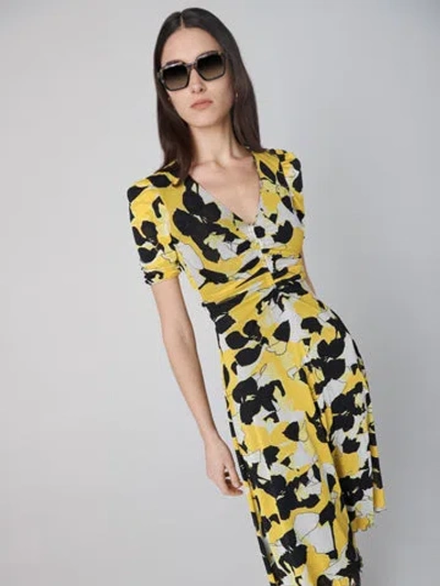 Diane Von Furstenberg Koren Reversible Mesh Dress In Tiny Paper Sun Yellow And Egon's Floral Yellow
