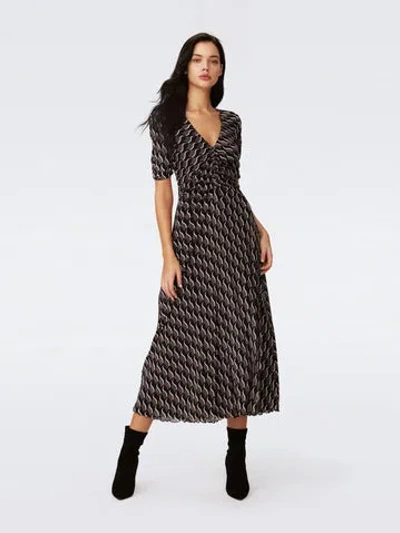 Diane Von Furstenberg Koren Reversible Midi Mesh Dress In Final Act Floral Black And Bird Weave Berlin